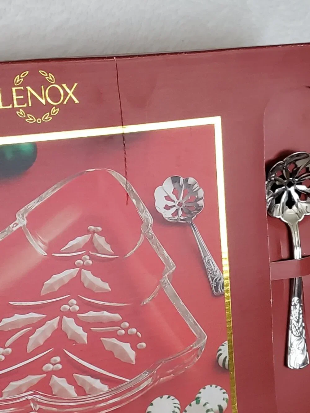 Lenox Crystal Holiday Tree Dish and Bonbon Spoon Set  Vintage in Box!